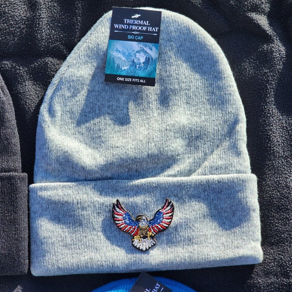 American Eagle Patched Knit Cuffed Beanie in Gray.